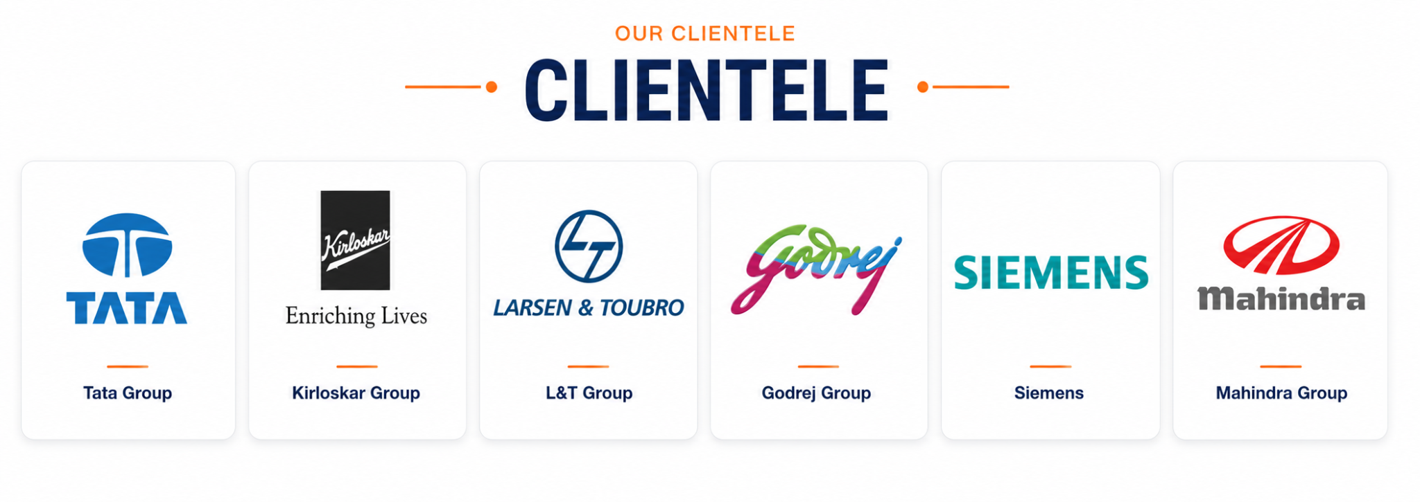 Our Clientele - Tata, Kirloskar, Larsen and Toubro, Godrej, Siemens and Mahindra